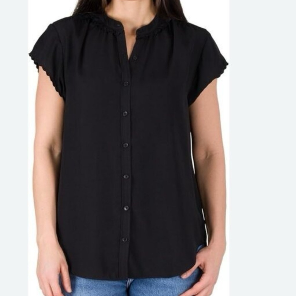 NWT $178 JOIE Women's Scalloped Edge Short Sleeve Top Black Medium
